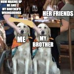 Lady holding dog's mouth | MUM MAKING UP 
ME AND MY BROTHER'S WRONGDOINGS; HER FRIENDS; ME; MY BROTHER | image tagged in lady holding dog's mouth,mum | made w/ Imgflip meme maker