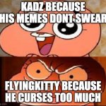Kadz is better than flyingkitty | KADZ BECAUSE HIS MEMES DONT SWEAR; FLYINGKITTY BECAUSE HE CURSES TOO MUCH | image tagged in world of gumball anais | made w/ Imgflip meme maker