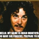 If ya know, ya know | HELLO. MY NAME IS INIGO MONTOYA. YOU HAVE SIX FINGERS, PREPARE TO DIE. | image tagged in princess bride | made w/ Imgflip meme maker