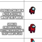 No offense to everyone | SPOILED CHILDREN WHEN SOMEONE DOESN'T DO WHAT THEY SAY; SPOILED CHILDREN AFTER GETTING WHAT THEY WANT; SPOILED CHILDREN AFTER GETTING EVERYTHING THEY WANT IN LIFE; NON SPOILED PEOPLE | image tagged in increasingly buff red crewmate | made w/ Imgflip meme maker