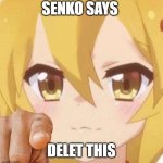 Senko says | SENKO SAYS; DELET THIS | image tagged in senko says | made w/ Imgflip meme maker