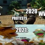 Jurassic world | 2020; WW III; CORONA; PROTESTS; 2021: | image tagged in jurassic world,sequels,2021,2020 | made w/ Imgflip meme maker