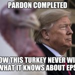 Pardon Me? | PARDON COMPLETED; NOW THIS TURKEY NEVER WILL TELL WHAT IT KNOWS ABOUT EPSTEIN. | image tagged in trump turkey | made w/ Imgflip meme maker