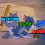 The melee of villains | MYOTISMON; SIGMA; BOWSER | image tagged in tom and jerry 3 way brawl | made w/ Imgflip meme maker