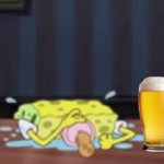 Spongebob depressed at the bar with beer