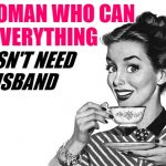 Everything Woman | A WOMAN WHO CAN
DO EVERYTHING; DOESN'T NEED
A HUSBAND | image tagged in 1950s housewife,marriage,life lessons,so true memes,sassy,women | made w/ Imgflip meme maker