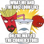 Me N' The Boiz | WHAT ME AND THE BOIZ LOOK LIKE; ON THE WAY TO THE CORNER STORE | image tagged in aqua teen hunger force | made w/ Imgflip meme maker
