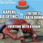will you press the button? | TIKTOK IS TAKEN DOWN; KARENS GO EXTINCT; EVERYONE WITH A BRAIN | image tagged in will you press the button | made w/ Imgflip meme maker