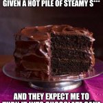 Every day at work I'm given a hot steamy pile of s*** and they expect me to turn it into chocolate cake | EVERY DAY AT WORK I'M GIVEN A HOT PILE OF STEAMY S***; AND THEY EXPECT ME TO TURN IT INTO CHOCOLATE CAKE | image tagged in chocolate cake 3,work sucks,funny,meme,memes,funny memes | made w/ Imgflip meme maker
