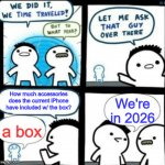 Phone not included | How much accessories does the current iPhone have included w/ the box? We're in 2026; a box | image tagged in time traveler but with correct text box placement | made w/ Imgflip meme maker
