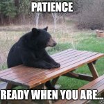 Bear Waiting | PATIENCE; READY WHEN YOU ARE... | image tagged in bear waiting | made w/ Imgflip meme maker