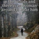 Probably... | If a man states his opinion in the woods and there is no woman around to hear him; Will she still be offended? | image tagged in man walking alone in woods,memes,fun | made w/ Imgflip meme maker