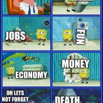 faxs i tink | THE DEVIL:ITS NOT THAT BAD; GOD:PANDEMIC; FUN; JOBS; MONEY; ECONOMY; DEATH; OH LETS NOT FORGET | image tagged in spongebob diapers,2020 sucks,big booty | made w/ Imgflip meme maker