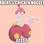 Pleased Medicham | ORDERS 5 CHICKEN NUGGETS; GETS 6 | image tagged in pleased medicham | made w/ Imgflip meme maker
