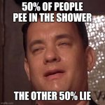 Tom Hanks Orgasm | 50% OF PEOPLE PEE IN THE SHOWER; THE OTHER 50% LIE | image tagged in tom hanks orgasm | made w/ Imgflip meme maker