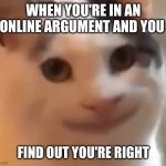 it feels so good | WHEN YOU'RE IN AN ONLINE ARGUMENT AND YOU; FIND OUT YOU'RE RIGHT | image tagged in cursed cat | made w/ Imgflip meme maker