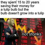 Not tulips | Dutch people when they spent 15 to 20 years saving their money for a tulip bulb but the bulb doesn't grow into a tulip | image tagged in not stonks,memes,funny,history | made w/ Imgflip meme maker