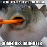 pufferfish eating carrot | NETFLIX - ARE YOU STILL WATCHING; SOMEONES DAUGHTER | image tagged in pufferfish eating carrot | made w/ Imgflip meme maker