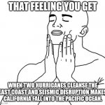 Feels Good Man | THAT FEELING YOU GET WHEN TWO HURRICANES CLEANSE THE EAST COAST AND SEISMIC DISRUPTION MAKES CALIFORNIA FALL INTO THE PACIFIC OCEAN. | image tagged in feels good man | made w/ Imgflip meme maker