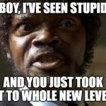 Crazy-Eyed Sam Jackson | BOY, I'VE SEEN STUPID; AND YOU JUST TOOK IT TO WHOLE NEW LEVEL | image tagged in crazy-eyed sam jackson | made w/ Imgflip meme maker