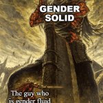 ok but seriously | GENDER SOLID; The guy who is gender fluid | image tagged in small knight giant knight,funny | made w/ Imgflip meme maker