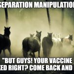 Separation Manipulation | SEPARATION MANIPULATION; "BUT GUYS! YOUR VACCINE WORKED RIGHT? COME BACK AND PLAY!" | image tagged in herd running away | made w/ Imgflip meme maker