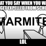 MARMITE BAD | WHAT YOU SAY WHEN YOU WANT TO GET EXPELLED FROM SCHOOL; LOL | image tagged in marmite bad | made w/ Imgflip meme maker