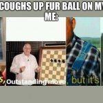 Actullay true | CAT: *COUGHS UP FUR BALL ON MY LAP*
ME: | image tagged in funny memes | made w/ Imgflip meme maker