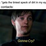 RGP lenses though | Me: *gets the tiniest speck of dirt in my eye*; My contacts: | image tagged in gonna cry,eye contact,contacts,funny,eyes | made w/ Imgflip meme maker