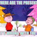 charlie brown | WHERE ARE THE PRESENTS; WHAT'S WRONG WITH THE TREE | image tagged in charlie brown christmas tree | made w/ Imgflip meme maker