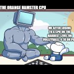 Boss vs Amateur | THE ORANGE HAMSTER CPU; ME AFTER LOSING TO A CPU ON THE HARDEST LEVEL ON VOLLEYBALLL 4-10 ON POU | image tagged in boss vs amateur | made w/ Imgflip meme maker