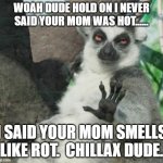 Your mom stinks.  She is stanky.  Like dirty mold. | WOAH DUDE HOLD ON I NEVER SAID YOUR MOM WAS HOT...... I SAID YOUR MOM SMELLS LIKE ROT.  CHILLAX DUDE. | image tagged in memes,stoner lemur | made w/ Imgflip meme maker