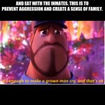 fun fact - meme | IN HALDEN PRISON IN NORWAY, GUARDS ARE ENCOURAGED TO INTERACT, PLAY SPORTS, AND EAT WITH THE INMATES. THIS IS TO PREVENT AGGRESSION AND CREATE A SENSE OF FAMILY. | image tagged in it's enough to make a grown man cry and that's ok | made w/ Imgflip meme maker