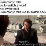 Hold on this whole operation was your idea | Grammarly: tells me to switch a word
me: switches it
Grammarly: tells me to switch back | image tagged in hold on this whole operation was your idea,memes,grammarly,grammar,oh wow are you actually reading these tags | made w/ Imgflip meme maker