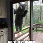 Don't mess with toilet time.... | NOPE! NO TOILET PAPER IN HERE EITHER BOO-BOO! | image tagged in black bear on porch railing looking in sliding glass door,no more toilet paper,potty humor,2020,nature | made w/ Imgflip meme maker