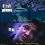 Flash Player | Flash player; My time has come. Me; No.       Don't leave me! | image tagged in let me go no,my time has come,master oogway,avengers memegame,adobe flash | made w/ Imgflip meme maker