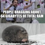 just a true meme | PEOPLE BRAGGING ABOUT 64 GIGABYTES OF TOTAL RAM; Me waiting to tell them that I have 464 gigabytes of ram | image tagged in seal explanation,gaming,gamer,gigabyte | made w/ Imgflip meme maker