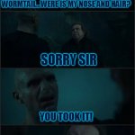 voldy n wormtail | WORMTAIL...WERE IS MY NOSE AND HAIR? SORRY SIR; YOU TOOK IT! CAN'T SAY THHAT I HAVE NOT.. I ATE IT! | image tagged in voldemort pettigrew | made w/ Imgflip meme maker