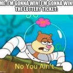 Happens all the time | ME: I'M GONNA WIN! I'M GONNA WIN!
THE LOTTERY TICKET: | image tagged in no you ain't | made w/ Imgflip meme maker