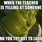 me in class | WHEN THE TEACHER IS YELLING AT SOMEONE; AND YOU TRY NOT TO LAUGH | image tagged in shrek face | made w/ Imgflip meme maker