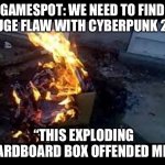 The Best Review Ever Part 2 | GAMESPOT: WE NEED TO FIND A HUGE FLAW WITH CYBERPUNK 2077; “THIS EXPLODING CARDBOARD BOX OFFENDED ME.“ | image tagged in exploding cardboard box | made w/ Imgflip meme maker
