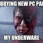 Pc | ME BUYING NEW PC PARTS; MY UNDERWARE | image tagged in spiderman mask ripped | made w/ Imgflip meme maker