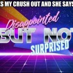 ima ask my crush out wish me luck | ASKS MY CRUSH OUT AND SHE SAYS NO | image tagged in disappointed but not surprised | made w/ Imgflip meme maker