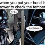 It Is Acceptable | when you put your hand in the shower to check the temperature: | image tagged in it is acceptable | made w/ Imgflip meme maker