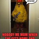 nnjnj | I GOT A CALL FROM SCHOOL WANT TO TELL ME WHAT WENT DOWN; NOBODY ME MOM WHEN SHE GETS HOME AND GOT A CALL FROM SCHOOL | image tagged in big bird door | made w/ Imgflip meme maker