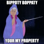 bippity bobbity | BIPPOTY BOPPATY; YOUR MY PROPERTY | image tagged in fairy godmother | made w/ Imgflip meme maker