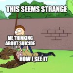 dat template is weird | THIS SEEMS STRANGE; ME THINKING ABOUT SUICIDE; HOW I SEE IT | image tagged in morty with his dead body | made w/ Imgflip meme maker