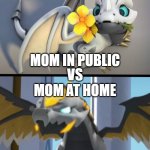 It's true and if you say I'm wrong your lying | VS; MOM IN PUBLIC; MOM AT HOME | image tagged in tiny to strong,dragon | made w/ Imgflip meme maker
