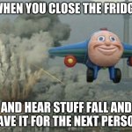 if this is copied i will take it down | WHEN YOU CLOSE THE FRIDGE; AND HEAR STUFF FALL AND LEAVE IT FOR THE NEXT PERSON` | image tagged in smiling airplane | made w/ Imgflip meme maker