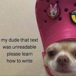 my dude that text was unreadable pls learn how to write meme